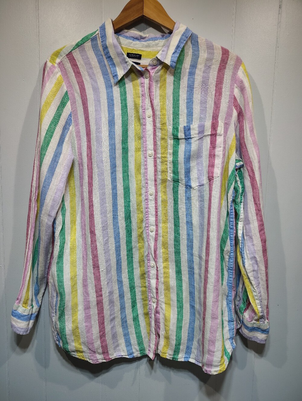 GAP Linen Rainbow Pastel Striped Boyfriend Shirt Size Large